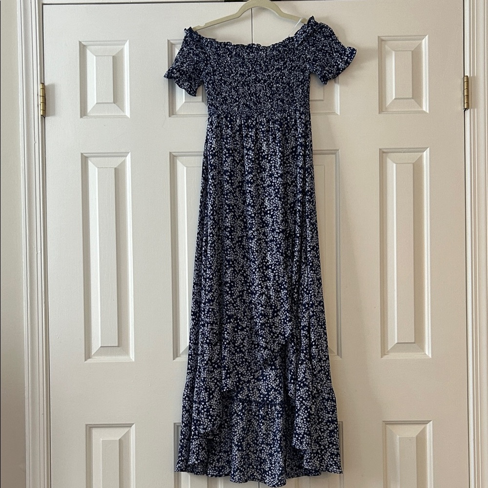 Lulu's Navy Floral Off-Shoulder Maxi Dress
